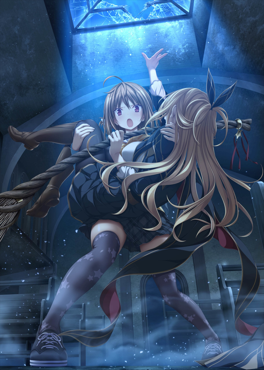 koku pantyhose purple_software riz_mathers seifuku seishun_fragile skirt_lift thighhighs toba_setsuna yuri