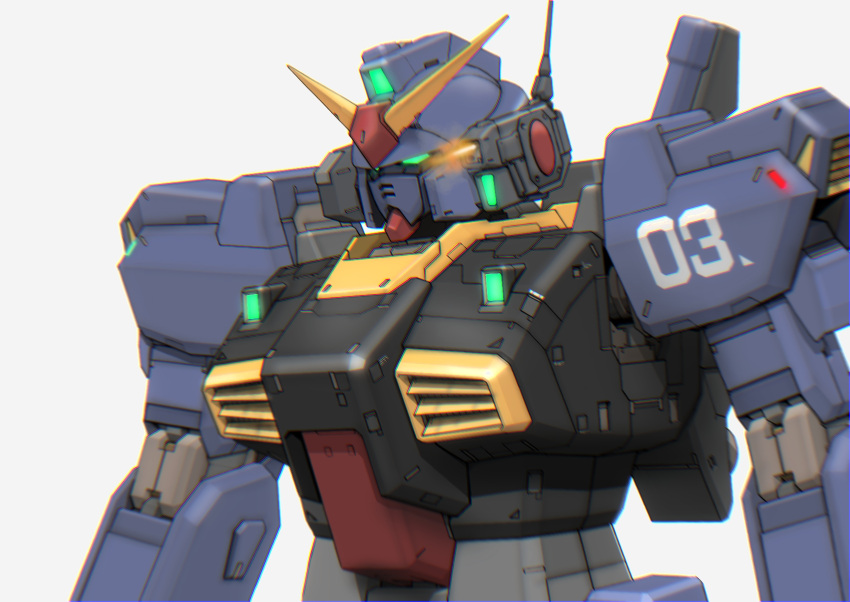 aqua_eyes aron_e commentary_request firing glowing glowing_eyes gun gundam gundam_mk_ii highres machine_gun machinery mecha mobile_suit no_humans radio_antenna robot science_fiction titans_(gundam) v-fin weapon zeta_gundam