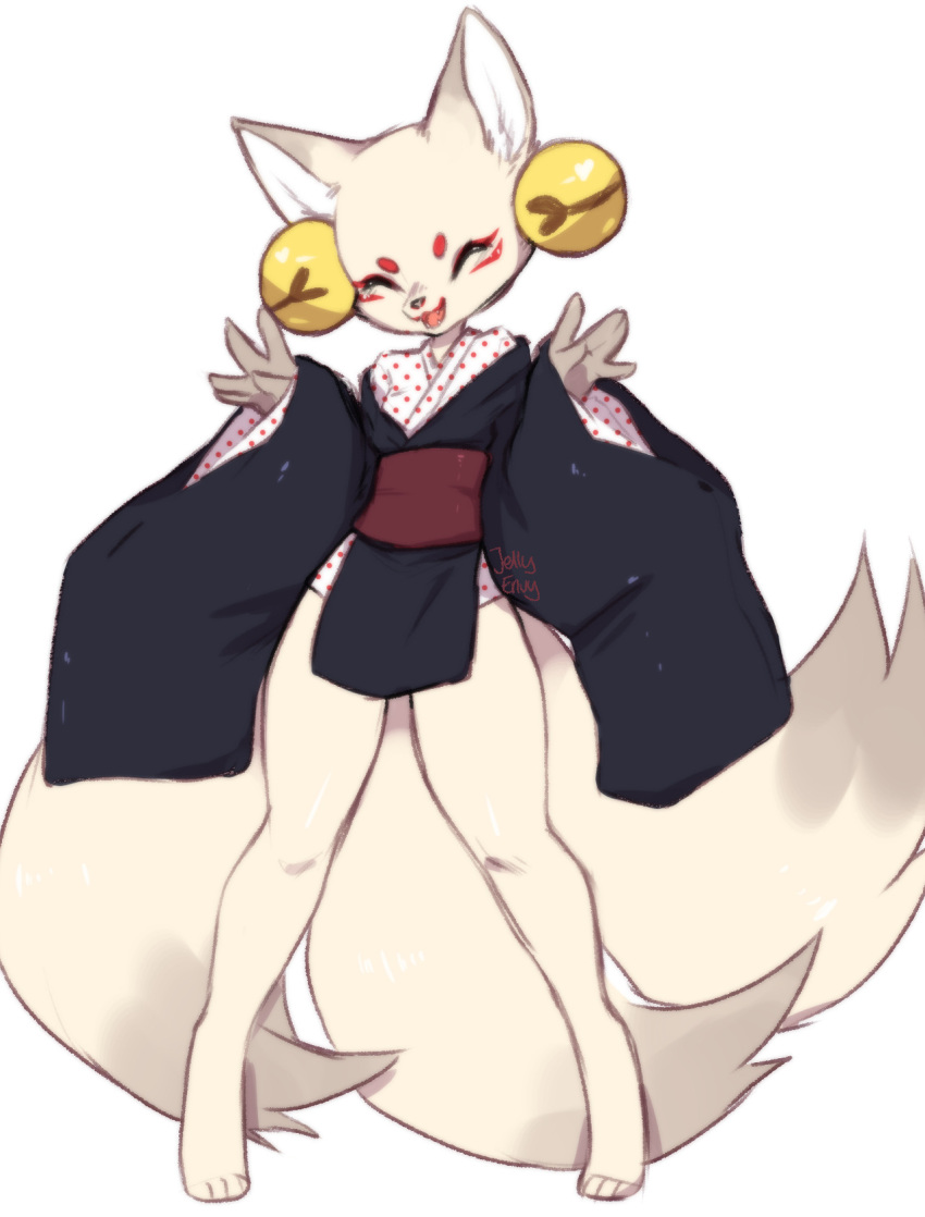 2018 anthro barefoot bell bottomless canine clothed clothing ear_piercing eye_markings eyes_closed female fluffy fluffy_tail fox fur japanese_clothing jealousjelly kimono mammal markings mehajiki miki_(jealousjelly) multi_tail obi open_mouth piercing simple_background smile solo standing white_background white_fur young