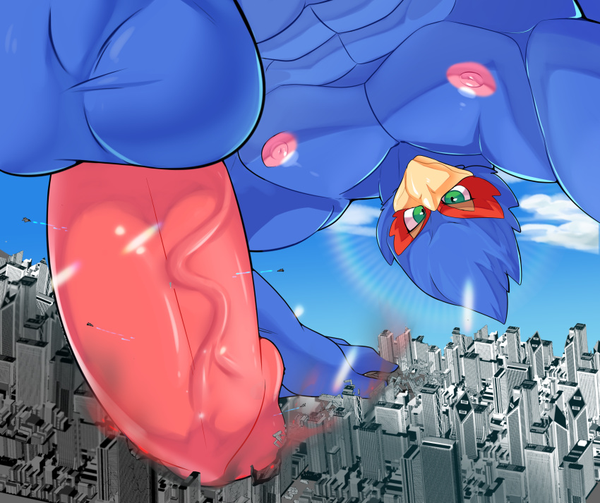 aircraft airplane all_fours avian balls bird city destruction erection falco_lombardi genitals grinding hi_res laser macro manyu1085 nintendo penis solo star_fox video_games