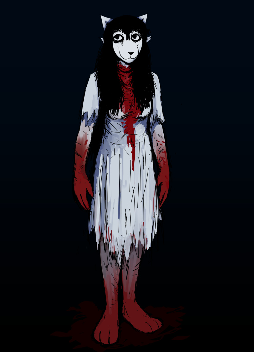 anthro black_background black_hair blood blood_on_clothing bodily_fluids canid canine canis clothing domestic_dog dress female full-length_portrait ghost_pupper hair hi_res hladilnik mammal portrait simple_background solo