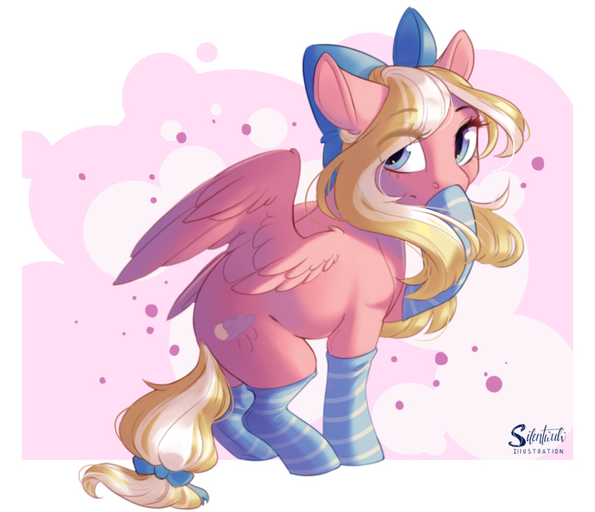 2020 blonde_hair blue_eyes clothing cutie_mark digital_media_(artwork) equid equine eyebrows eyelashes fan_character feathers female feral hair legwear mammal my_little_pony pegasus pink_body pink_feathers silentwulv socks solo wings