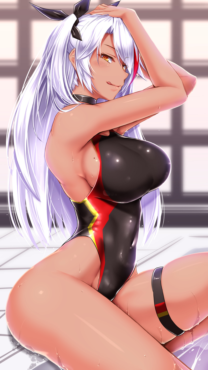 1girl :q absurdres antenna_hair azur_lane bangs bare_shoulders black_choker black_ribbon blush breasts brown_eyes choker closed_mouth competition_swimsuit covered_navel dark_skin eyebrows_visible_through_hair eyelashes fanbox_reward fingernails hair_between_eyes half-closed_eyes hand_on_head hand_on_own_head hands_on_head highleg highleg_swimsuit highres indoors large_breasts licking_lips long_hair looking_at_viewer mole mole_on_breast multicolored_hair one-piece_swimsuit paid_reward poolside prinz_eugen_(azur_lane) red_hair ribbon shiny_swimsuit shuugetsu_karasu sidelocks silver_hair sitting skindentation smile solo streaked_hair swimsuit tan thigh_strap thighs tongue tongue_out two_side_up very_long_hair