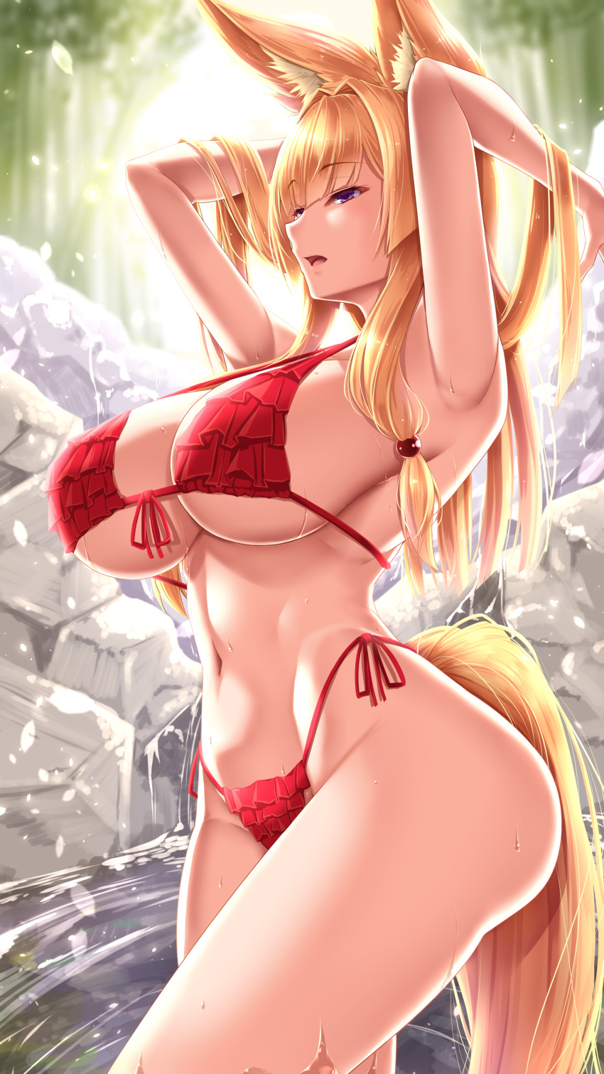 1girl :o absurdres animal_ear_fluff animal_ears armpits arms_behind_head arms_up bamboo bamboo_forest bangs bare_shoulders bath bathing bikini blonde_hair blurry blurry_background breasts cleavage collarbone contrapposto covered_nipples cowboy_shot day eyebrows_visible_through_hair fanbox_reward forest fox_ears from_side front-tie_bikini front-tie_top groin hair_between_eyes hair_bobbles hair_intakes hair_ornament half-closed_eyes halter_top halterneck highleg highleg_bikini highres huge_breasts large_breasts long_hair looking_at_viewer midriff nature navel onsen open_mouth original outdoors paid_reward purple_eyes red_bikini rock shuugetsu_karasu side-tie_bikini sidelocks solo standing steam stomach swimsuit thighs underboob very_long_hair wading water wet white_bikini