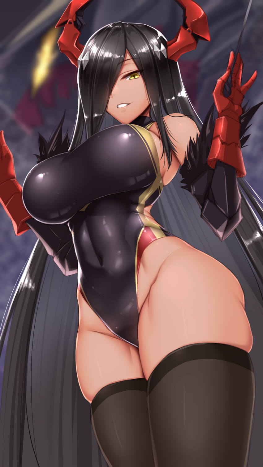 1girl :d absurdres azur_lane bangs bare_shoulders baton_(instrument) black_hair black_legwear black_swimsuit breasts cannon competition_swimsuit covered_navel cowboy_shot dark_skin eyebrows_visible_through_hair fanbox_reward friedrich_der_grosse_(azur_lane) fur-trimmed_gloves fur_trim gloves groin hair_over_one_eye hands_up highleg highleg_swimsuit highres holding horns impossible_clothes large_breasts legs_together long_hair looking_at_viewer mechanical_horns one-piece_swimsuit open_mouth paid_reward parted_lips red_gloves red_horns rigging shiny_swimsuit shuugetsu_karasu sidelocks skindentation smile solo standing swimsuit tan teeth thighhighs very_long_hair world_of_warships yellow_eyes