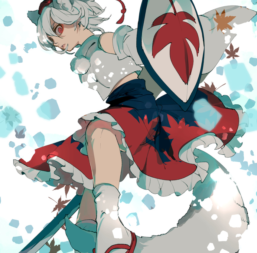 1girl al_bhed_eyes animal_ears between_legs detached_sleeves frills from_below hat highres inubashiri_momiji joniko1110 leaf leaf_print looking_at_viewer maple_leaf maple_leaf_print perspective red_eyes shaded_face shield solo sword tail tail_between_legs tokin_hat touhou weapon white_hair white_legwear wide_sleeves wolf_ears wolf_tail