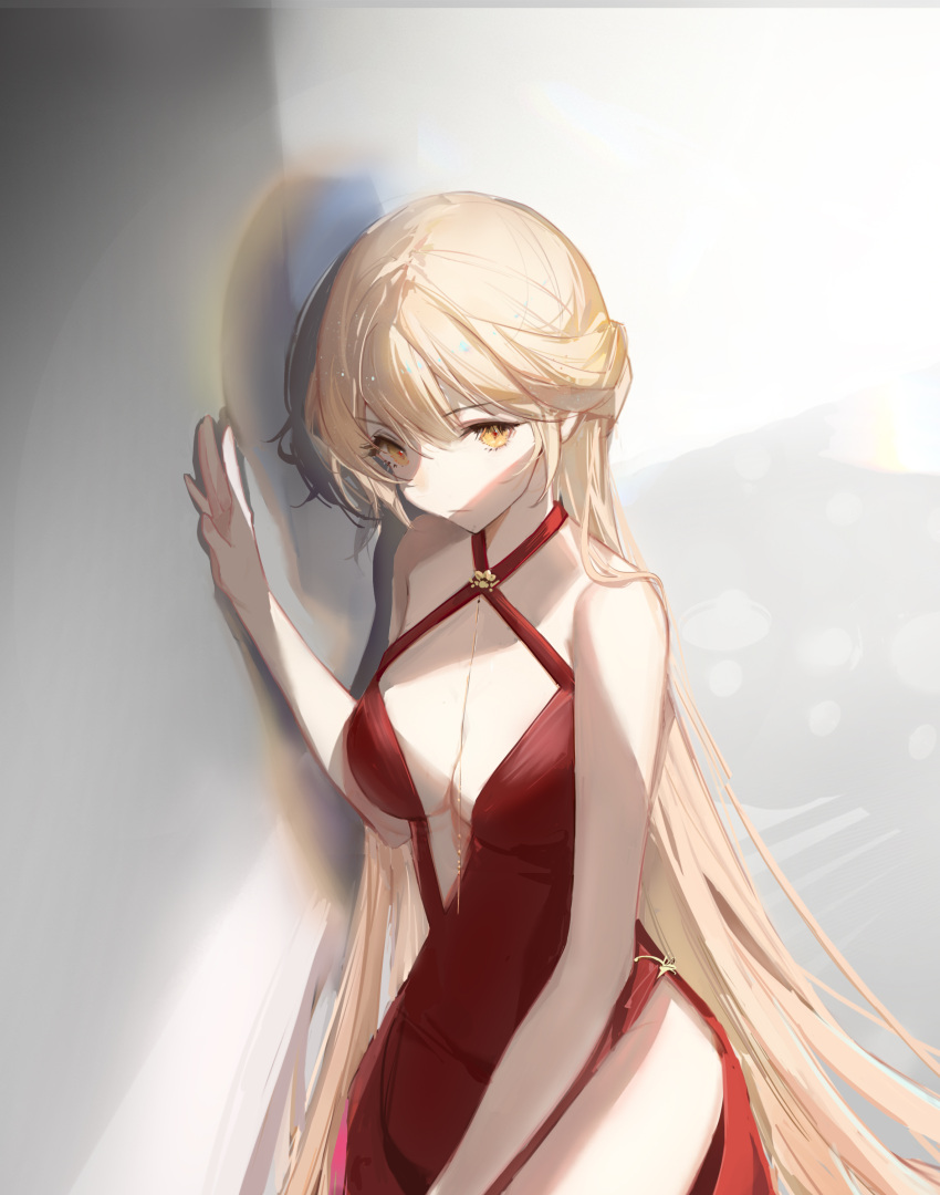 1girl absurdres bangs bare_shoulders blonde_hair breasts cleavage closed_mouth dress expressionless eyebrows_visible_through_hair girls'_frontline hair_between_eyes hand_on_wall highres inez long_hair looking_at_viewer medium_breasts ots-14_(girls'_frontline) red_dress simple_background sitting solo upper_body yellow_eyes