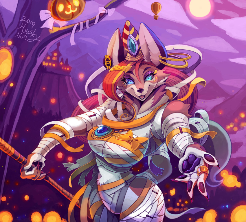 2019 4_fingers amulet anthro black_pawpads blue_eyes bow breasts brown_body brown_fur canid canine canis countershade_face countershade_torso countershading crown detailed_background ear_piercing ear_ring egyptian_mythology female fingers fur half-length_portrait halloween heterochromia hi_res holding_object holidays inutsukihasukii jack-o'-lantern jackal kemono looking_at_viewer mammal middle_eastern_mythology mummy mummy_costume mummy_wrap mythology neck_tuft night outside pawpads piercing portrait purple_theme reaching_towards_viewer ribbons ring sceptre signature solo stick tuft undead