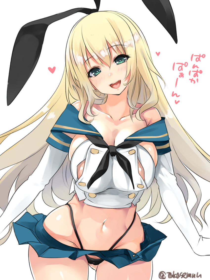 1girl adapted_costume ass_visible_through_thighs atago_(kantai_collection) black_hairband black_neckwear black_panties blonde_hair blue_sailor_collar blue_skirt breasts commentary_request cowboy_shot crop_top elbow_gloves gloves green_eyes hairband highleg highleg_panties highres kantai_collection large_breasts long_hair looking_at_viewer microskirt miniskirt neckerchief pan-pa-ka-paaan! panties pleated_skirt sailor_collar shimakaze_(kantai_collection) simple_background skirt smile solo standing takase_muu thighhighs twitter_username underwear white_background white_gloves