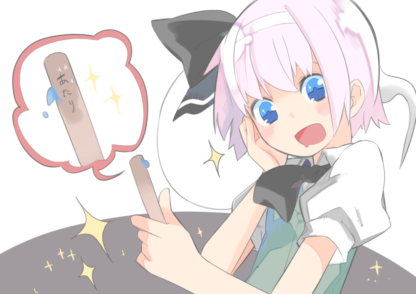 1girl aki_maki_yuu black_bow black_neckwear blue_eyes blush bow commentary_request drooling green_vest hair_bow hand_on_own_cheek hand_up holding konpaku_youmu konpaku_youmu_(ghost) open_mouth popsicle_stick shirt short_hair smile solo sparkle star_(symbol) touhou translation_request upper_body vest white_hair white_shirt