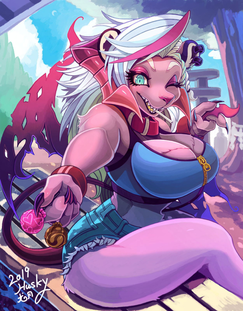 2019 4_fingers anthro big_breasts blue_eyes bottomwear bracelet braided_hair breasts candy claws cleavage clothed clothing collar cutoffs dated day demon denim denim_clothing digital_media_(artwork) ear_piercing felid feline felis female fingers food fur hair hi_res holding_object holding_tail horn humanoid_hands hybrid inutsukihasukii jewelry kemono lollipop looking_at_viewer mammal notched_wings offering_food offering_to_viewer one_eye_closed outside park_bench piercing pink_body pink_fur pointed_tail pointy_tail portrait sharp_teeth shorts signature sitting smile solo spread_wings teeth white_hair wings wink zipper