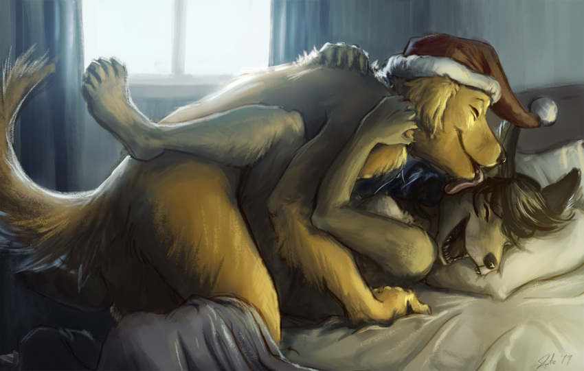 ambiguous_penetration anthro bed bird_dog breasts butt canid canine canis christmas clothing domestic_dog duo eyes_closed face_lick female female_penetrated fluffy fluffy_tail furniture golden_retriever happy happy_sex hat headgear headwear holidays hunting_dog inside jackal leg_wrap licking lying male male/female male_penetrating male_penetrating_female mammal missionary_position nipples on_back on_bed open_mouth open_smile penetration pillow retriever santa_hat sex slate smile story story_in_description tasteful tongue tongue_out window