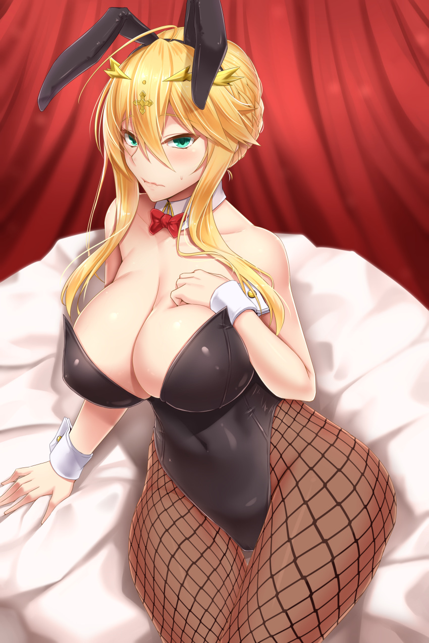 1girl absurdres ahoge animal_ears arm_at_side arm_support artoria_pendragon_(all) artoria_pendragon_(lancer) bangs bare_shoulders bed bed_sheet bedroom black_leotard blonde_hair blush bow bowtie braid breasts brown_legwear bunny_ears bunny_girl bunnysuit cleavage closed_mouth collarbone covered_navel crown deep_skin detached_collar eyebrows_visible_through_hair eyelashes fake_animal_ears fanbox_reward fang fate/grand_order fate_(series) fishnet_legwear fishnets french_braid green_eyes hair_between_eyes hand_on_own_chest hand_up highleg highleg_leotard highres hip_focus indoors large_breasts leaning_to_the_side leotard long_hair looking_at_viewer on_bed paid_reward pantyhose red_neckwear shuugetsu_karasu sidelocks sitting sitting_on_bed skin_fang solo strapless strapless_leotard sweatdrop thigh_gap thighs wide_hips wing_collar wrist_cuffs