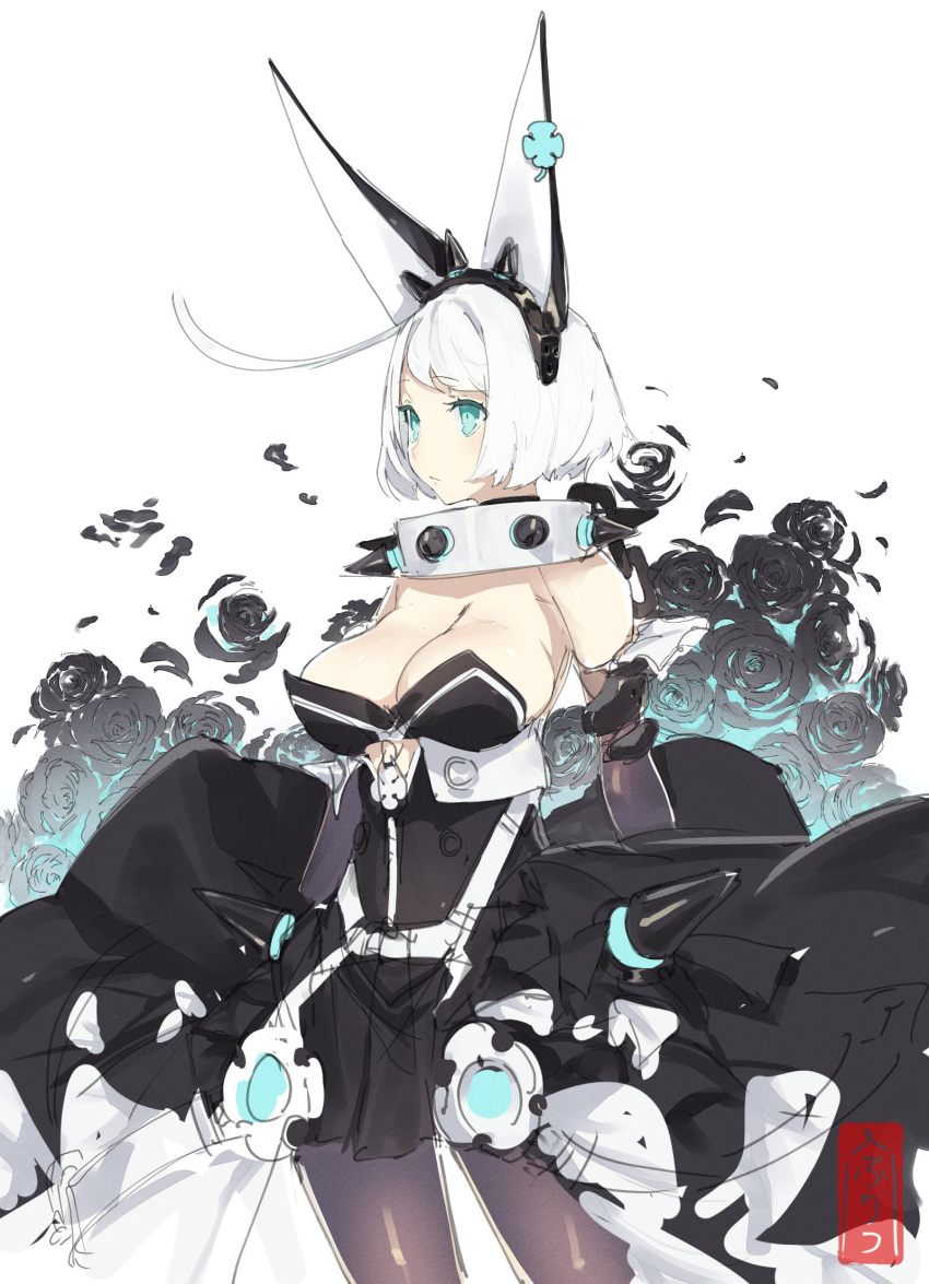 1girl ahoge animal_ears bare_shoulders black_flower black_gloves black_rose blue_eyes breasts closed_mouth elbow_gloves elphelt_valentine fake_animal_ears flower gloves guilty_gear highres madiblitz rose short_hair signature sketch solo spikes white_hair zipper zipper_pull_tab