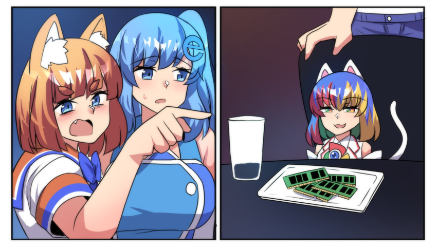 1boy 3girls :3 animal_ear_fluff animal_ears bangs blue_eyes blue_hair blunt_bangs blush cat_ears cat_tail elbow_gloves eyebrows_visible_through_hair fang firefox firefox_(merryweather) fox_ears gloves google_chrome google_chrome_(merryweather) hair_ornament half-closed_eyes highres hinghoi internet_explorer internet_explorer_(merryweather) internet_explorer_(webcomic) long_hair meme merryweather multicolored multicolored_eyes multicolored_hair multiple_girls open_mouth orange_hair pointing_at_another short_eyebrows short_hair short_sleeves side_ponytail sitting sleeveless sweatdrop tail v-shaped_eyebrows woman_yelling_at_cat