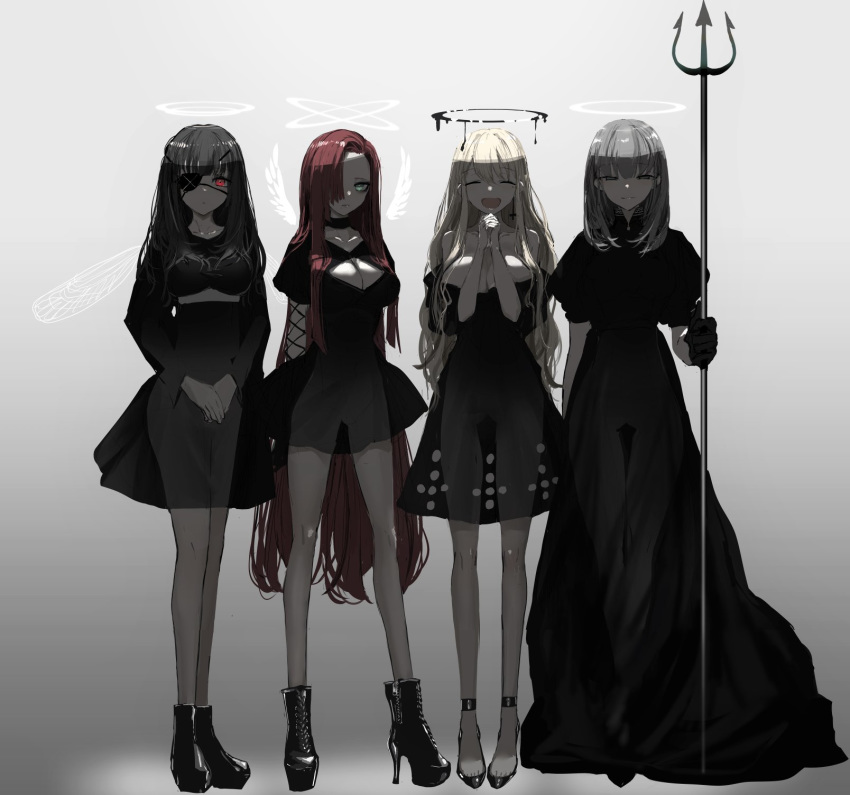 4girls angel_wings arms_behind_back bangs black_choker black_dress black_eyepatch black_footwear black_gloves black_hair blonde_hair blunt_bangs breasts choker cleavage cleavage_cutout closed_eyes closed_mouth collarbone cross cross_earrings dress dripping earrings eyebrows_visible_through_hair eyepatch gloves gradient gradient_background green_eyes grey_hair hair_over_one_eye half-closed_eyes halo hands_together high_heels highres holding holding_weapon insect_wings jewelry long_hair mole mole_under_eye mole_under_mouth multiple_girls narue open_eyes open_mouth original polearm polka_dot red_eyes red_hair see-through single_earring smile trident very_long_hair weapon wings zipper zipper_pull_tab