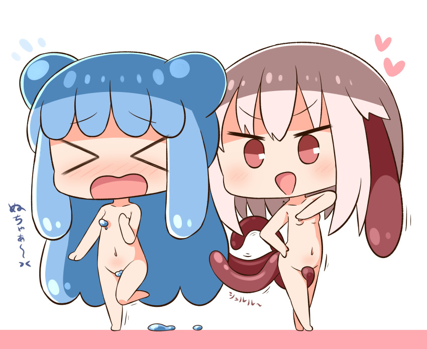 &gt;_&lt; 2girls :d absurdres bangs barefoot blue_hair blush breasts chibi closed_eyes commentary_request convenient_censoring double_bun eyebrows_visible_through_hair facing_viewer flying_sweatdrops grey_hair groin hair_between_eyes half_slime-chan hana_kazari hand_up heart highres living_clothes long_hair monster_girl multiple_girls navel nude open_mouth original red_eyes shokushu-chan slime_girl small_breasts smile standing standing_on_one_leg tentacle_clothes translation_request v-shaped_eyebrows very_long_hair wavy_mouth white_background