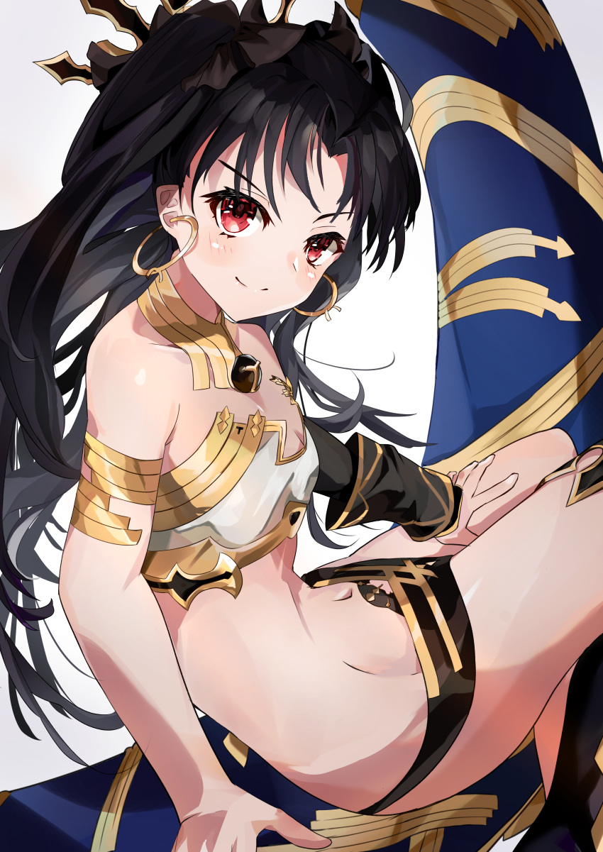1girl absurdres armlet asymmetrical_legwear asymmetrical_sleeves bangs bare_shoulders bikini black_bow black_hair blush bow breasts cleavage closed_mouth earrings fate/grand_order fate_(series) gold_trim hair_bow heavenly_boat_maanna highres hoop_earrings ishtar_(fate)_(all) ishtar_(fate/grand_order) jewelry long_hair looking_at_viewer medium_breasts navel neck_ring parted_bangs red_eyes same_(sendai623) single_sleeve single_thighhigh smile swimsuit thighhighs thighs tiara two_side_up weapon