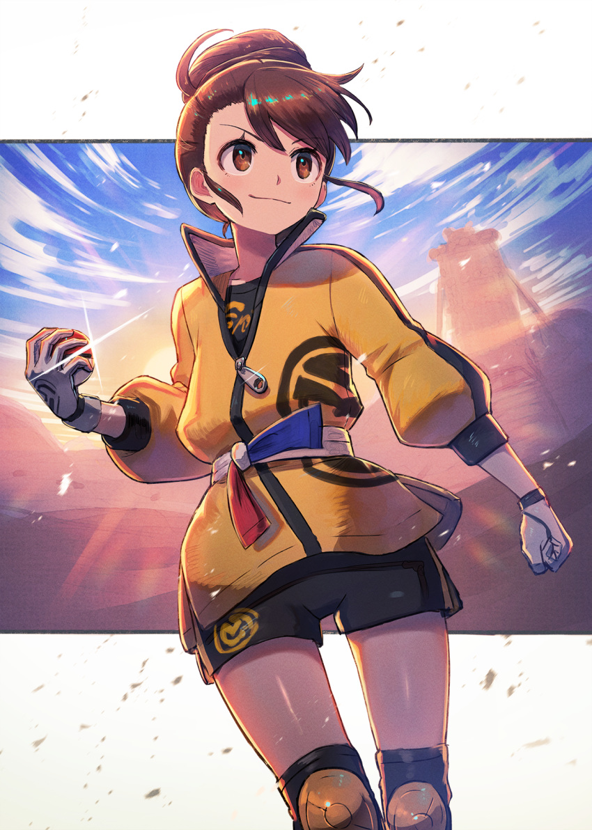 1girl backlighting bangs black_shorts blue_sky closed_mouth commentary_request dutch_angle eyebrows_visible_through_hair feet_out_of_frame glint gloves hair_bun highres holding holding_poke_ball knee_pads kuroi_susumu long_sleeves obi outdoors outside_border poke_ball poke_ball_(generic) pokemon pokemon_(game) pokemon_swsh sash serious short_hair short_shorts shorts sidelocks sky smile solo standing sunlight swept_bangs white_gloves yuuri_(pokemon) zipper zipper_pull_tab