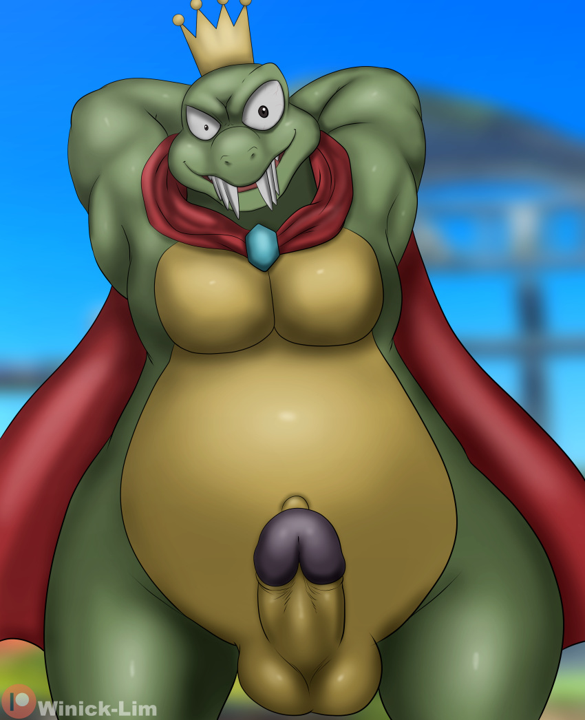 absurd_res alligator alligatorid anthro balls belly cape clothed clothing colored crocodile crocodilian crocodylid crown donkey_kong_(series) erection evil_grin eye_twitch genitals green_body green_skin grin hard_penis hi_res humanoid humanoid_genitalia humanoid_penis king king_k._rool kremling looking_at_viewer male multicolored_body navel nintendo nude overweight penis pinup pose presenting presenting_penis reptile royalty scalie simple_background smile solo teeth video_games winick-lim yellow_belly yellow_body yellow_skin