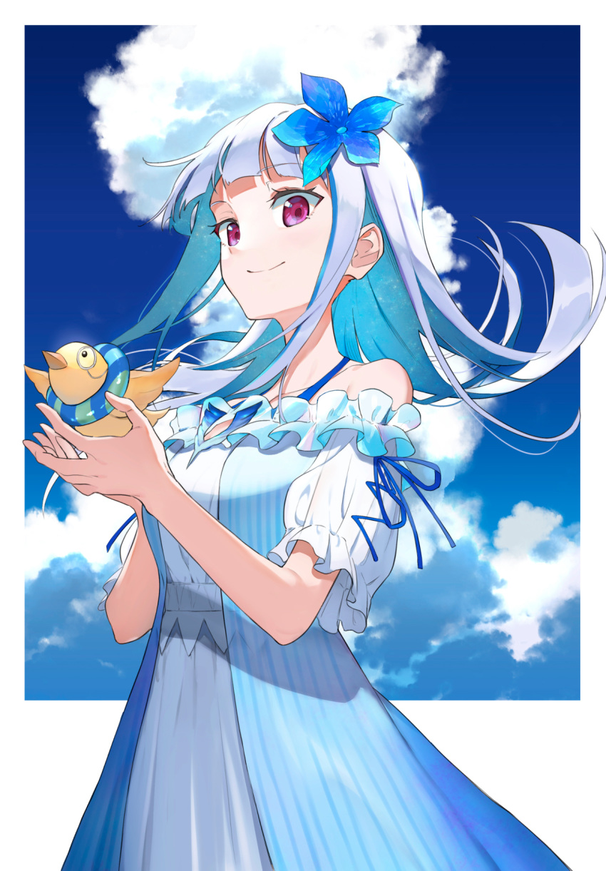 1girl bird blue_dress blue_hair blue_sky breasts closed_mouth cloud cloudy_sky commentary cowboy_shot dress eyebrows_visible_through_hair eyelashes flower hair_flower hair_ornament highres holding_bird lifebuoy lize_helesta long_hair looking_at_viewer medium_breasts multicolored_hair muteki_soda nijisanji off-shoulder_dress off_shoulder purple_eyes sebastian_piyodore silver_hair sky smile solo streaked_hair two-tone_hair virtual_youtuber wind