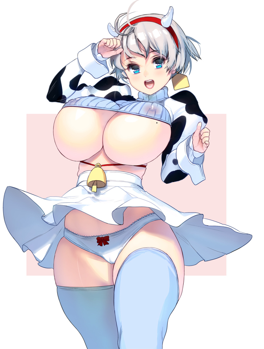 1girl ahoge animal_print bell blue_eyes bow bow_panties breasts cameltoe cow_bell cow_girl cow_horns cow_print cowboy_shot crop_top ear_tag hairband high-waist_skirt highres horns huge_breasts juliet_sleeves long_sleeves masao no_bra open_mouth original panties pantyshot photoshop_(medium) puffy_sleeves revision ribbed_sweater short_hair silver_hair skirt smile solo standing sweater thick_thighs thighhighs thighs turtleneck two-tone_background underboob undersized_clothes underwear white_legwear white_panties white_skirt wind wind_lift wrist_cuffs