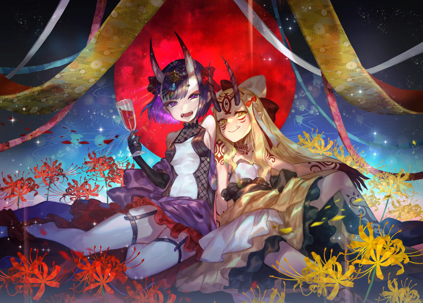 2girls ankle_ribbon bangs bare_shoulders black_gloves blonde_hair bob_cut breasts closed_mouth cup dress drinking_glass elbow_gloves emoillu eyeliner facial_mark fangs fate/grand_order fate_(series) flower forehead forehead_mark gloves hair_pulled_back hair_ribbon headpiece highres horns ibaraki_douji_(fate/grand_order) knee_up legs long_sleeves looking_at_viewer makeup multiple_girls off_shoulder oni oni_horns open_clothes open_dress open_mouth pointy_ears purple_dress purple_eyes purple_hair red_ribbon ribbon short_dress short_hair shuten_douji_(fate/grand_order) sitting skin-covered_horns small_breasts smile spider_lily tattoo white_ribbon wide_sleeves yellow_eyes