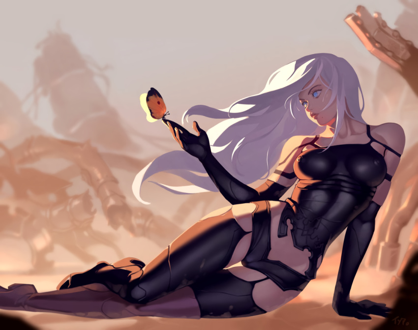 aqua_eyes butterfly elbow_gloves erect_nipples gloves long_hair nier nier:_automata ruins shorts signed skintight techgirl typo_(requiemdusk) white_hair yorha_unit_no._2_type_a