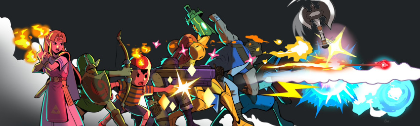 1other 2girls 4boys arm_cannon arrow_(projectile) aura_sphere axe black_background black_hair blonde_hair blue_fur bow_(weapon) castlevania castlevania:_rondo_of_blood dress fire firing francisco_mon gen_4_pokemon highres image_sample long_hair lucario metal_gear_(series) metroid missile mother_(game) mother_2 multiple_boys multiple_girls ness pointy_ears princess_zelda richter_belmont samus_aran serious shirt simple_background solid_snake striped striped_shirt super_smash_bros. the_legend_of_zelda the_legend_of_zelda:_a_link_between_worlds throwing twitter_sample weapon white_dress young_link