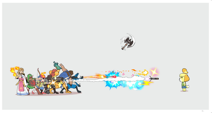 1other 3girls 4boys arm_cannon armor arrow_(projectile) aura_sphere axe black_hair blonde_hair blue_fur bow_(weapon) castlevania castlevania:_rondo_of_blood dog_girl dog_tail doubutsu_no_mori dress fire firing francisco_mon furry gen_4_pokemon grey_background highres image_sample long_hair lucario metal_gear_(series) metroid missile mother_(game) mother_2 multiple_boys multiple_girls muscle ness pointy_ears princess_zelda richter_belmont samus_aran serious shield shirt shizue_(doubutsu_no_mori) simple_background solid_snake striped striped_shirt super_smash_bros. tail the_legend_of_zelda the_legend_of_zelda:_a_link_between_worlds throwing twitter_sample weapon white_dress young_link