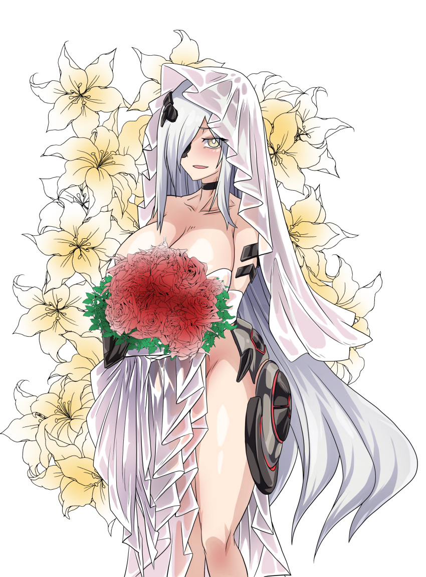 1girl absurdres alchemist_(girls_frontline) android bare_shoulders blush bouquet breasts bridal_veil choker collarbone dress elbow_gloves eyebrows_visible_through_hair floral_background flower girls_frontline gloves hair_over_one_eye highres huge_breasts long_hair looking_at_viewer no_panties open_mouth sangvis_ferri shiny shiny_skin solo thighs veil very_long_hair wedding_dress white_dress white_gloves white_hair yellow_eyes zergling_(cdror1004)