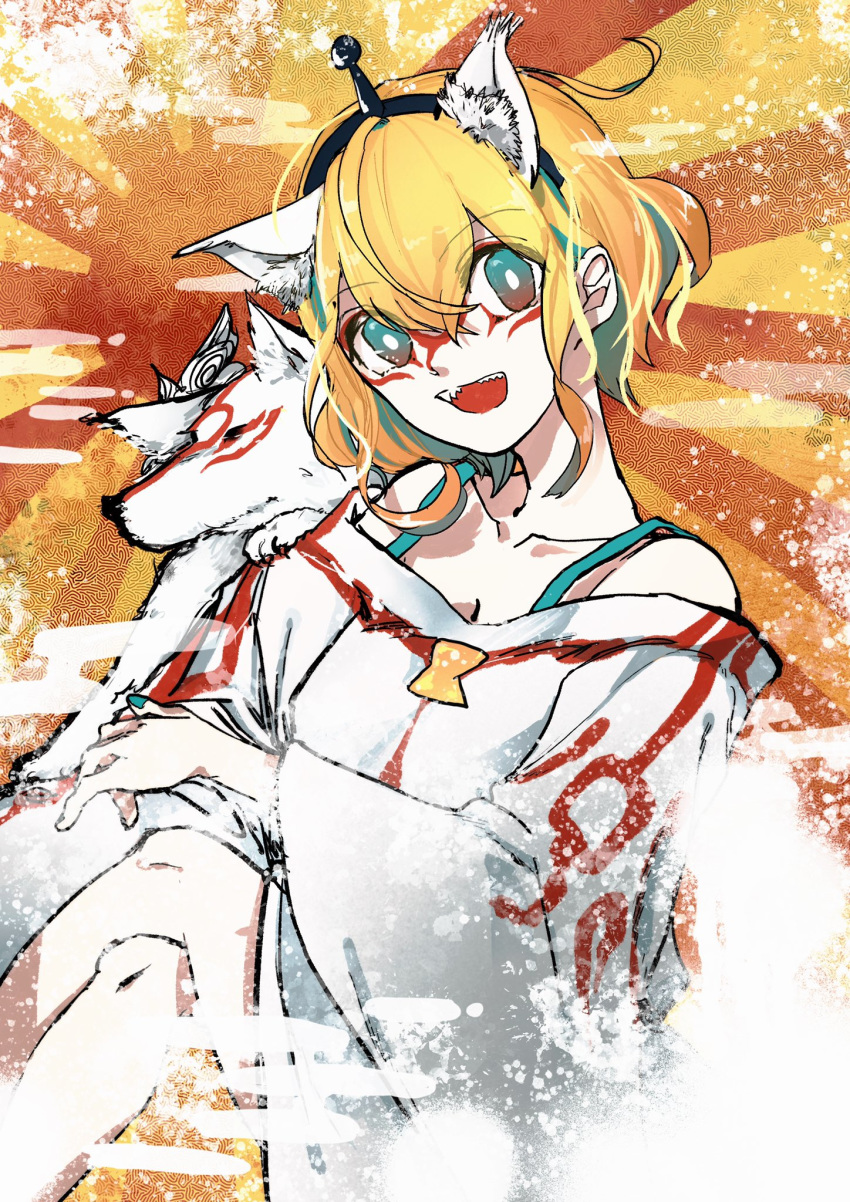 1girl :d amano_pikamee amaterasu animal_ear_fluff animal_ears aqua_nails bangs bare_shoulders black_hairband blonde_hair blue_eyes blue_hair collarbone commentary_request crossed_legs crossover egasumi eyebrows_visible_through_hair facial_tattoo hair_between_eyes hairband head_tilt highres kemonomimi_mode long_sleeves looking_at_viewer magome multicolored_hair nail_polish off-shoulder_shirt off_shoulder ookami_(game) open_mouth sharp_teeth shirt sitting smile sunburst sunburst_background tattoo teeth two-tone_hair virtual_youtuber voms white_shirt wide_sleeves wolf_ears