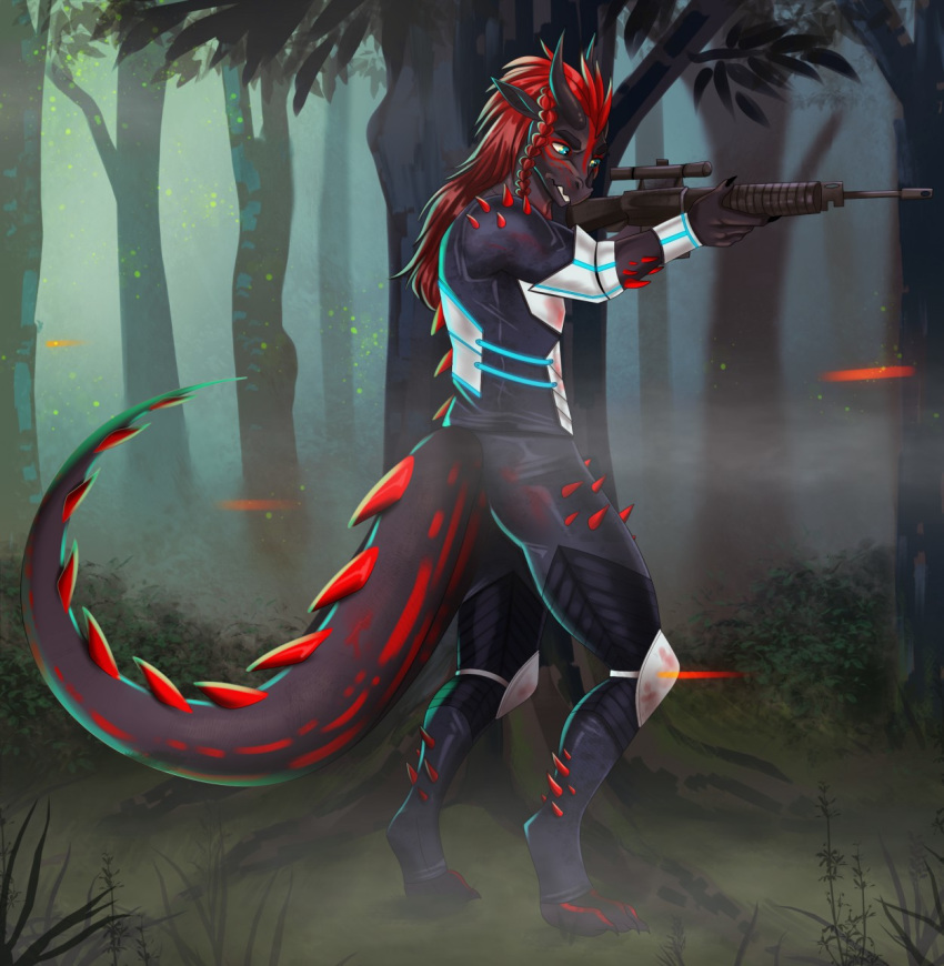 2020 aimi aiming anthro armor assault_rifle black_claws blue_eyes bracers braided_hair claws clothed clothing day depth_of_field detailed_background digital_media_(artwork) digitigrade elbow_pads energy fingers forest fully_clothed grass gun gunfire hair hi_res holding_gun holding_object holding_weapon horn knee_pads kobold lizard long_hair male outside plant ranged_weapon red_hair reptile rifle roots scalie scope shrub side_view skinsuit smoke solo spines standing straight_hair tight_clothing toes tree weapon