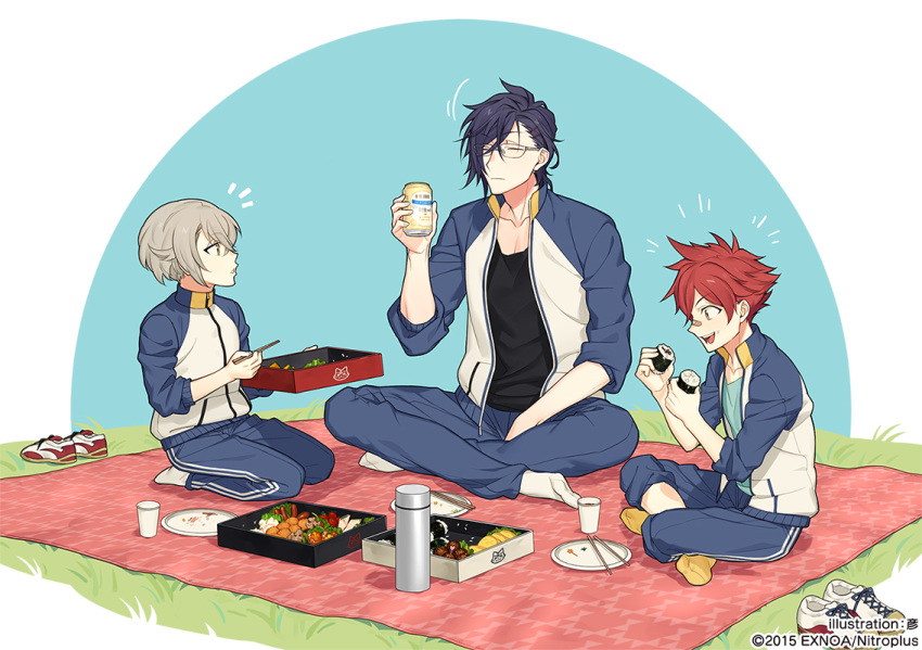 3boys aizen_kunitoshi akashi_kuniyuki bandaid bandaid_on_nose beer_can blanket can chopsticks closed_eyes food food_on_face glasses green_eyes hair_ornament hairclip hotarumaru indian_style male_focus multiple_boys obentou official_art open_mouth plate purple_hair red_hair rice rice_on_face rururara seiza shoes_removed silver_hair sitting smile sushi touken_ranbu track_suit yellow_eyes