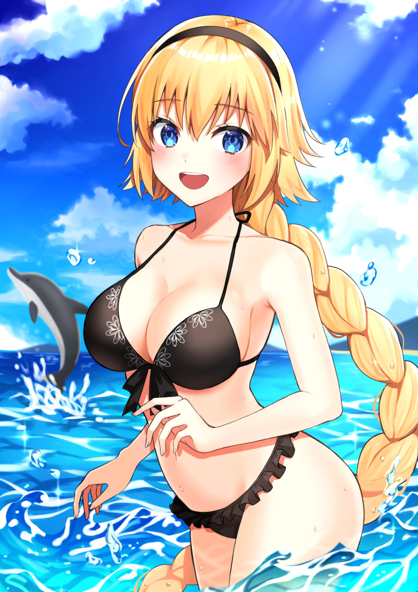1girl :d bangs bare_arms bare_shoulders bikini black_bikini black_hairband blonde_hair blue_eyes blue_sky blush braid breasts cleavage cloud cloudy_sky collarbone commentary_request cowboy_shot day dolphin eyebrows_visible_through_hair fate/grand_order fate_(series) frilled_bikini frills front-tie_bikini front-tie_top hair_between_eyes hair_ornament hairband halterneck highres in_water jacket jeanne_d'arc_(fate)_(all) jeanne_d'arc_(swimsuit_archer) kiriri_22 large_breasts long_hair looking_at_viewer navel ocean open_mouth outdoors ponytail single_braid sky smile solo swimsuit very_long_hair water water_drop