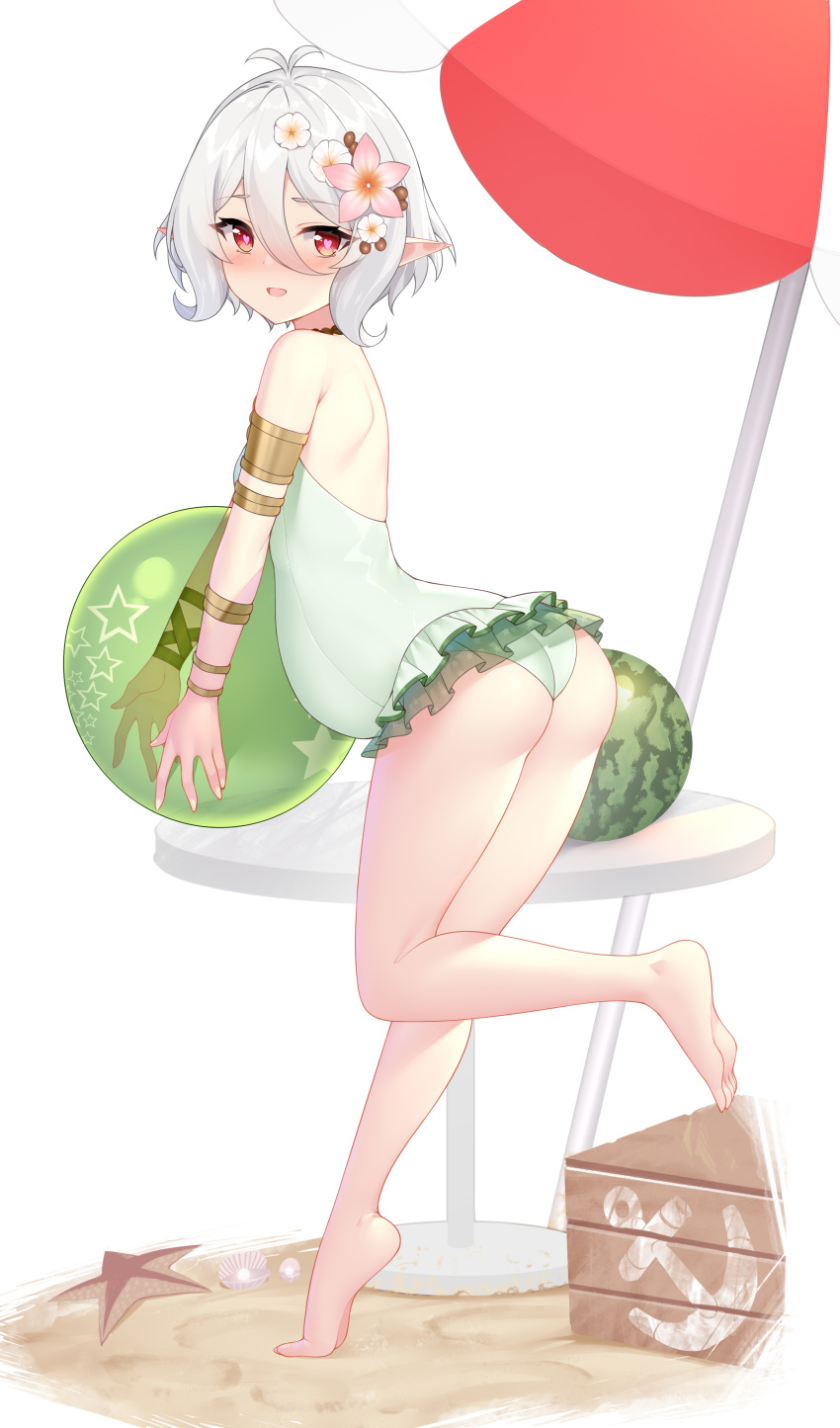 1girl absurdres anchor_symbol antenna_hair ass bangs bare_legs bare_shoulders barefoot bikini blush commentary_request eyebrows_visible_through_hair flower food frills fruit full_body hair_between_eyes hair_flower hair_ornament highres implied_pregnancy kokkoro_(princess_connect!) leg_up long_sleeves looking_at_viewer looking_to_the_side one-piece_swimsuit open_mouth painttool_sai_(medium) photoshop_(medium) pink_flower pointy_ears pregnant princess_connect! princess_connect!_re:dive red_eyes sand see-through short_hair silver_hair simple_background smile solo standing standing_on_one_leg starfish swimsuit watermelon white_background white_flower wu_yao_jun