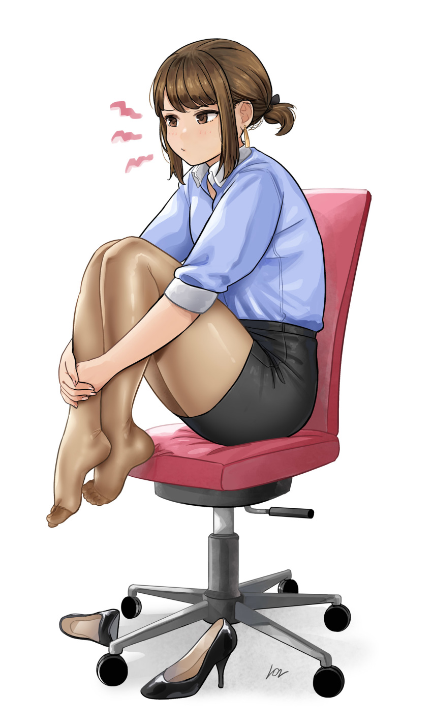 1girl absurdres bangs black_footwear black_skirt blue_shirt blush brown_eyes brown_hair brown_legwear chair closed_mouth collared_shirt commentary_request earrings eyebrows_visible_through_hair full_body ganbare_douki-chan high_heels highres jewelry knees_up leg_hug lost_one_zero miniskirt office_chair office_lady office_lady_(yomu_(sgt_epper)) pantyhose pencil_skirt pout shirt shoes_removed short_hair short_ponytail short_sleeves simple_background skirt solo v-shaped_eyebrows white_background