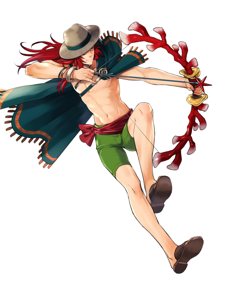 1boy abs bow_(weapon) bracelet cape coral fire_emblem fire_emblem:_the_sacred_stones fire_emblem_heroes full_body hat highres jewelry joshua_(fire_emblem) long_hair navel official_art red_eyes red_hair ring sandals shirtless solo suekane_kumiko swimsuit transparent_background weapon