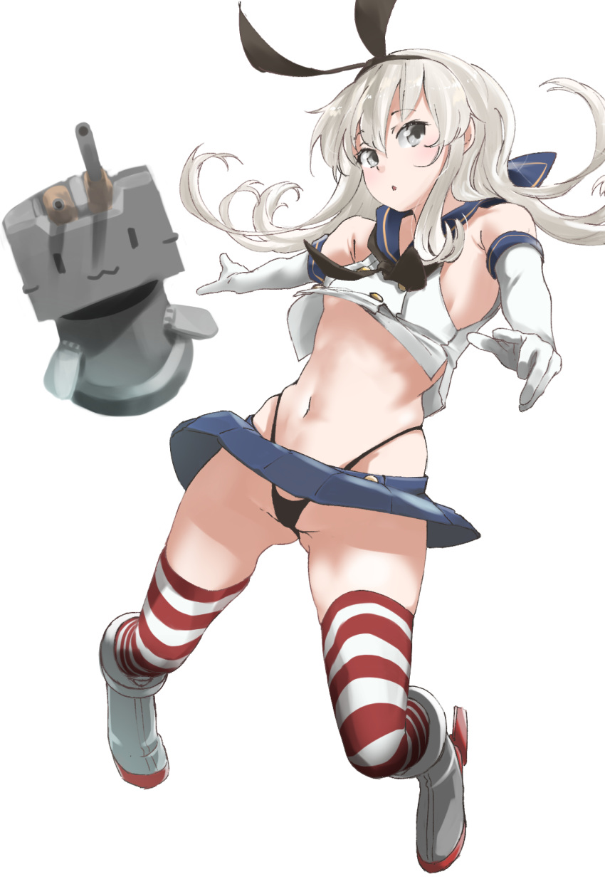 1girl :3 :o anchor_hair_ornament ass_visible_through_thighs bare_shoulders black_hairband black_panties blue_skirt blush breasts crop_top elbow_gloves eyebrows_visible_through_hair full_body gloves grey_eyes groin hair_between_eyes hair_ornament hairband highleg highleg_panties highres kantai_collection long_hair looking_at_viewer microskirt midriff miniskirt navel neckerchief open_mouth panties pantyshot pleated_skirt rensouhou-chan sailor_collar school_uniform serafuku shimakaze_(kantai_collection) silver_hair simple_background skindentation skirt sleeveless small_breasts solo stomach striped striped_legwear tama_(seiga46239239) thighhighs underwear white_background white_gloves