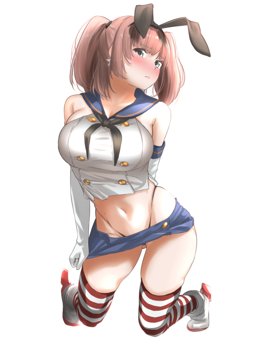 1girl alternate_costume ass_visible_through_thighs atlanta_(kantai_collection) bare_shoulders black_neckwear black_panties blue_skirt blush breasts brown_hair collarbone commentary_request cosplay crop_top earrings elbow_gloves eyebrows_visible_through_hair full_body gloves hair_ornament hairband highleg highleg_panties highres jewelry kantai_collection kneeling large_breasts long_hair looking_at_viewer microskirt midriff miniskirt navel neckerchief panties ponytail rudder_footwear sailor_collar shimakaze_(kantai_collection) shimakaze_(kantai_collection)_(cosplay) shirt simple_background skindentation skirt solo string_panties striped striped_legwear tama_(seiga46239239) thighhighs thong underwear white_background white_gloves
