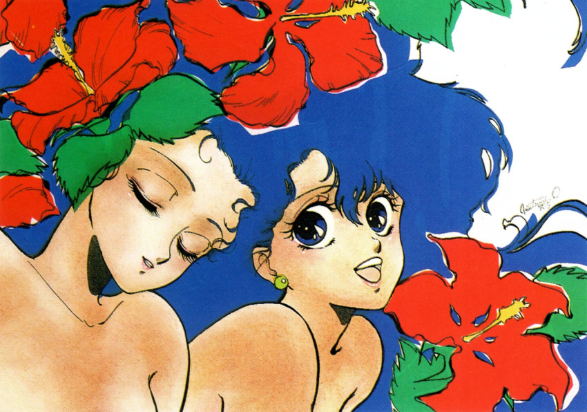 2girls blue_eyes blue_hair closed_eyes earrings flower hibiscus inomata_mutsumi jewelry long_hair looking_at_viewer multiple_girls open_mouth original parted_lips scan