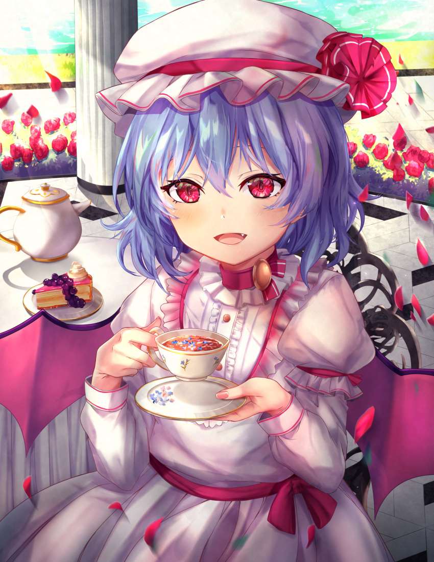 1girl absurdres arms_up bat_wings blouse blue_hair cake chair choker column commentary_request cup fang fingernails flower food hair_between_eyes hat hat_ribbon highres holding holding_cup holding_saucer juliet_sleeves layered_sleeves light_blush long_sleeves looking_at_viewer mob_cap open_mouth petals pillar pink_blouse pink_skirt puffy_sleeves red_choker red_eyes red_flower red_rose remilia_scarlet ribbon rose sash saucer short_hair sitting skirt slice_of_cake smile solo table teacup teapot tile_floor tiles torottye touhou upper_body wings