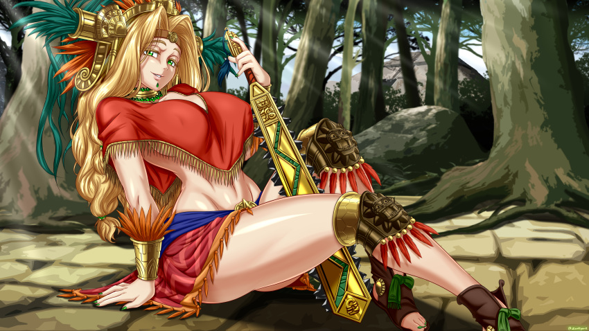 1girl absurdres aztec bangs bead_necklace beads blonde_hair bracer breasts brown_footwear chin_piercing club covered_nipples fate/grand_order fate_(series) forest fringe_trim gold_trim green_eyes green_nails hair_ornament headband headdress highres holding holding_weapon jewelry knee_pads large_breasts long_hair looking_at_viewer low-tied_long_hair low_tied_hair macuahuitl miniskirt nature navel neck_ring necklace parted_bangs piercing poncho quetzalcoatl_(fate/grand_order) red_skirt sandals sideboob sitting sitting_on_ground skirt smile toenail_polish weapon zantyarz