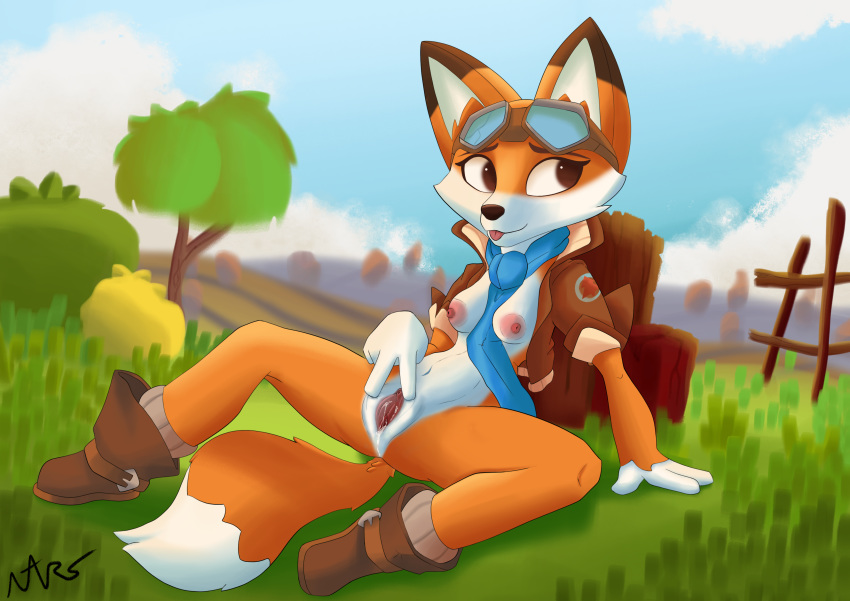 absurd_res anthro belly bodily_fluids boots bottomless breasts brown_eyes canid canine clothed clothing cloud eyewear female fence footwear fox frommarstomercury fur genital_fluids genitals goggles goggles_on_head grass hi_res jacket_vest lyra_(super_lucky's_tale) mammal meadow nipples orange_body orange_fur pink_nipples plant pussy pussy_juice scarf shrub sitting solo spread_legs spread_pussy spreading super_lucky's_tale teasing tongue tongue_out tree white_belly