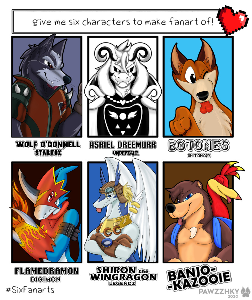 animaniacs anthro asriel_dreemurr avian banjo-kazooie biped bird blep bovid canid canine canis caprine digimon digimon_(species) domestic_dog dragon english_text feral flamedramon goat hi_res humanoid legendz looking_at_viewer male mammal nintendo pawzzhky rareware shiron simple_background smile star_fox text tongue tongue_out undertale ursid video_games warner_brothers wolf wolf_o'donnell