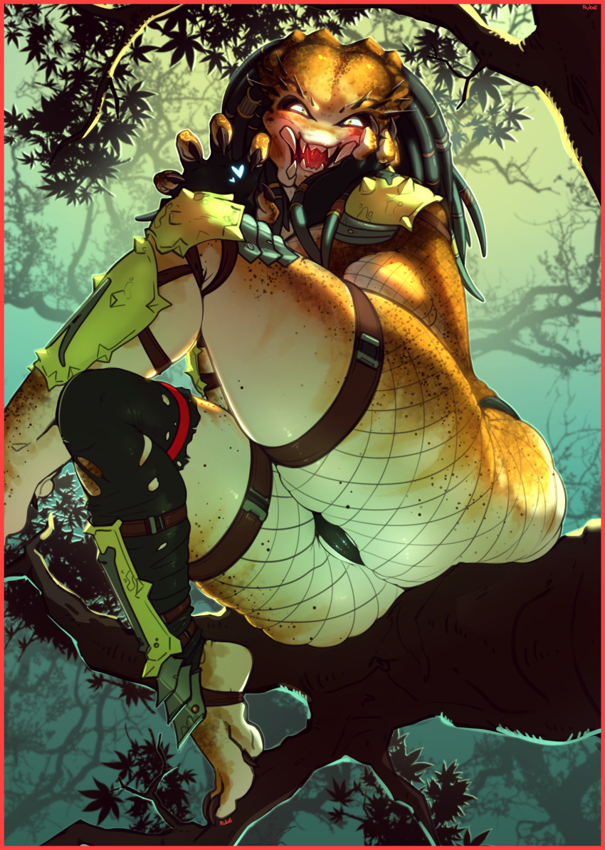 &lt;3 2020 absurd_res alien alien_humanoid armor blush border breasts camel_toe claws clothed clothing crossed_legs detailed_background dreadlocks feet female fishnet fishnet_legwear gear hi_res humanoid jungle legwear looking_at_viewer plant predator_(franchise) red_border rube seductive sitting skimpy smile solo thick_thighs thong toe_claws tree underwear wide_hips yautja