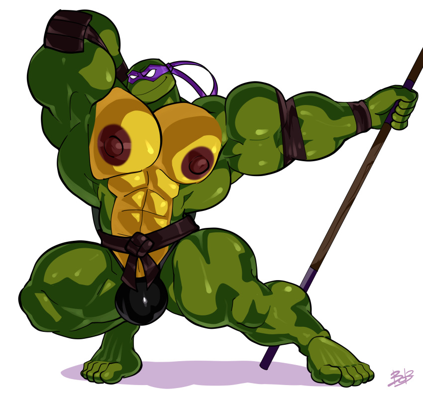 absurd_res anthro big_muscles big_nipples bo_staff bobthetanuki bulge clothing donatello_(tmnt) hi_res male muscular muscular_male nipples reptile scalie solo teenage_mutant_ninja_turtles thong turtle underwear