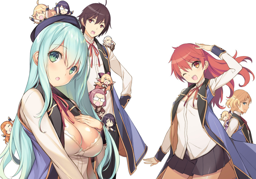 3boys 6+girls :o ;d absurdres advanced_magic_academy_uniform alice_corner arm_up bangs beret black_skirt blue_hair blush breasts character_request chibi cleavage cleavage_cutout elizabeth_von_alsheid eyebrows_visible_through_hair green_eyes hair_between_eyes hand_on_own_chest hat highres kenja_no_mago kikuchi_seiji large_breasts long_hair long_sleeves looking_at_viewer maria_von_messina may_von_alsheid medium_breasts merida_bowen merlin_wolford miniskirt multiple_boys multiple_girls neck_ribbon official_art olivia_stone one_eye_closed open_mouth orange_eyes pleated_skirt red_hair ribbon rin_hughes shin_wolford sidelocks simple_background sizilien_von_klode skirt smile upper_teeth white_background yuri_carlton