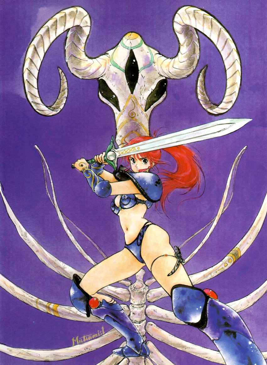 1980s_(style) 1girl armor armored_boots asagiri_youko bikini_armor bone boots fighting_stance genmu_senki_leda high_ponytail highres holding holding_sword holding_weapon horns inomata_mutsumi knee_boots looking_at_viewer monster navel oldschool pauldrons red_hair shoulder_armor side_ponytail signature solo sword two-handed weapon