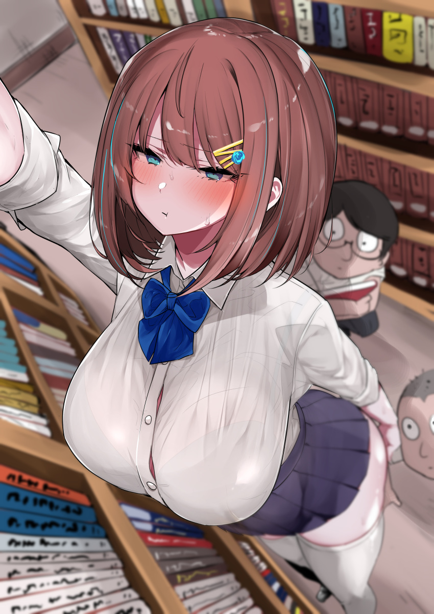 1girl 2boys :t absurdres arm_behind_back bangs blue_neckwear blush book bookshelf bow bowtie breasts brown_hair button_gap buttons clip_studio_paint_(medium) green_eyes hair_ornament hairclip highres large_breasts library mitsudoue multiple_boys original pleated_skirt pout reaching short_hair skirt solo_focus thighhighs white_legwear